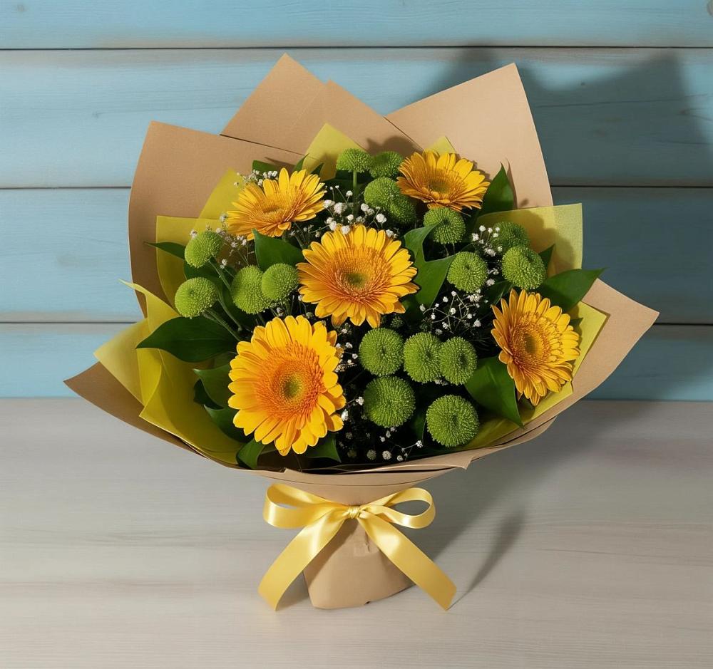 Букет цветов из: Герберы и Хризантемы в Шкуринской