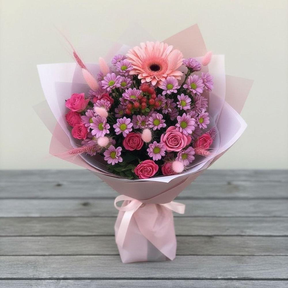 Букет цветов из: Розы, Герберы и Хризантемы в Шкуринской