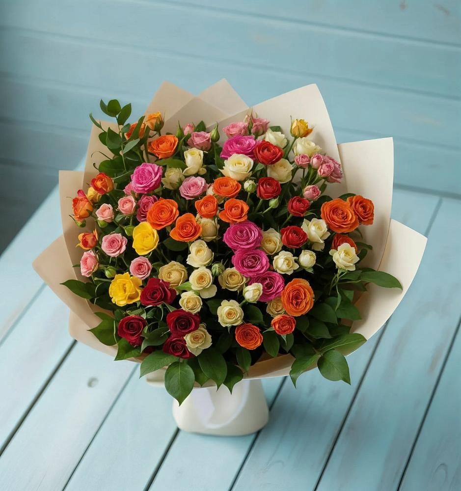 Букет Микс из разноцветных кустовых роз в Шкуринской