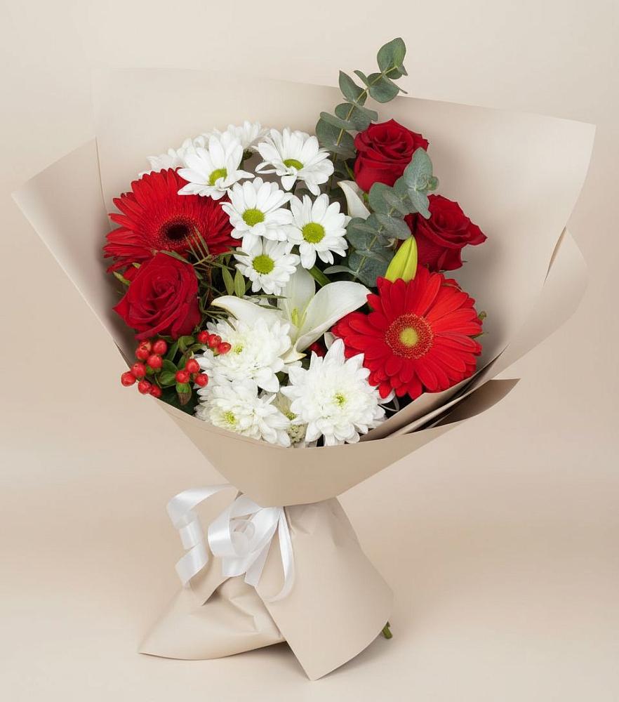 Букет цветов из: Розы, Хризантемы, Герберы и Лилии в Шкуринской