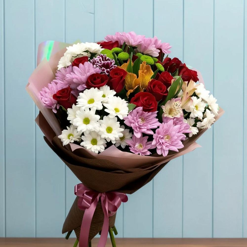 Букет цветов из: Розы, Хризантемы и Альстромерии в Шкуринской